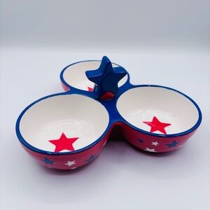 StoneLite Hand-Painted Ceramic 3-Bowl Condiment Server Red White Blue Stars